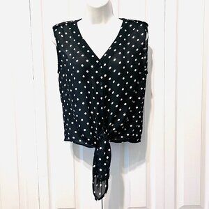 Allison Taylor-Women's Small Sleeveless Sheer Tie Waist Bl/White Polka Dot Top